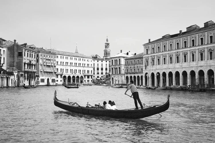 Europe, Italy, Venice. Black and white of gondolas plying Grand Canal.