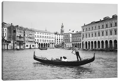 Europe, Italy, Venice. Black and white of gondolas plying Grand Canal. Canvas Art Print - Jaynes Gallery