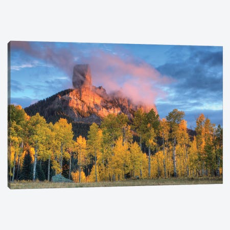 USA, Colorado, San Juan Mountains. Chimney Rock formation and aspens at sunset. Canvas Print #JYG1062} by Jaynes Gallery Art Print