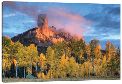 USA, Colorado, San Juan Mountains. Chimney Rock formation and aspens at sunset. Canvas Art Print - Jaynes Gallery