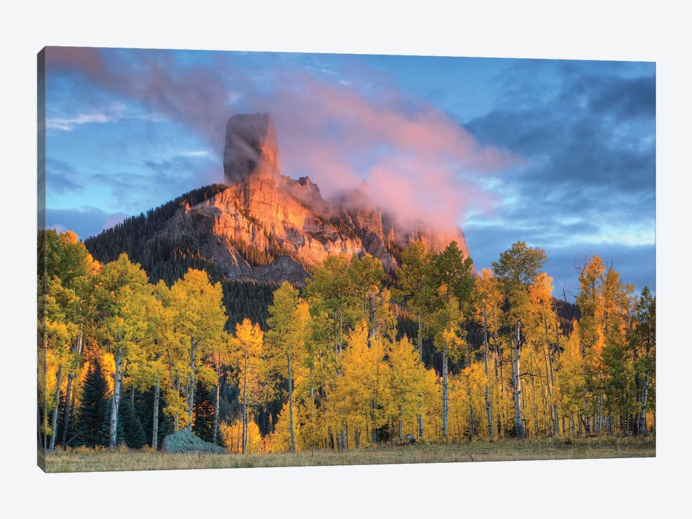 USA, Colorado, San Juan Mountains. Chimney Rock formation and aspens at sunset. by Jaynes Gallery 1-piece Canvas Print