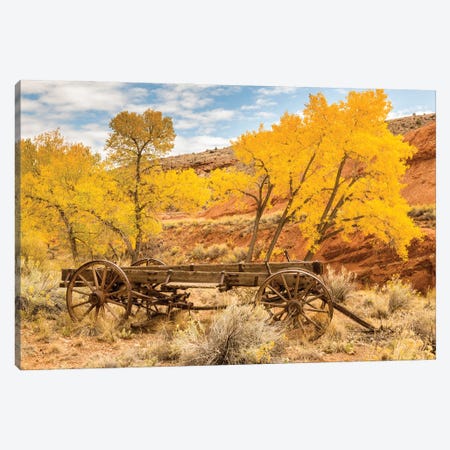 USA, Utah, Capitol Reef National Park. Old wagon and mountain and trees in autumn. Canvas Print #JYG1063} by Jaynes Gallery Canvas Art Print