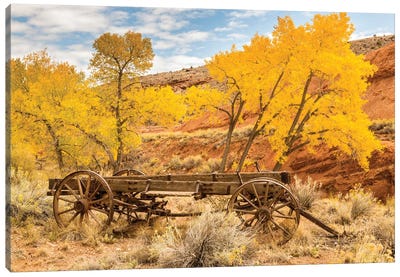 USA, Utah, Capitol Reef National Park. Old wagon and mountain and trees in autumn. Canvas Art Print - Carriage & Wagon Art