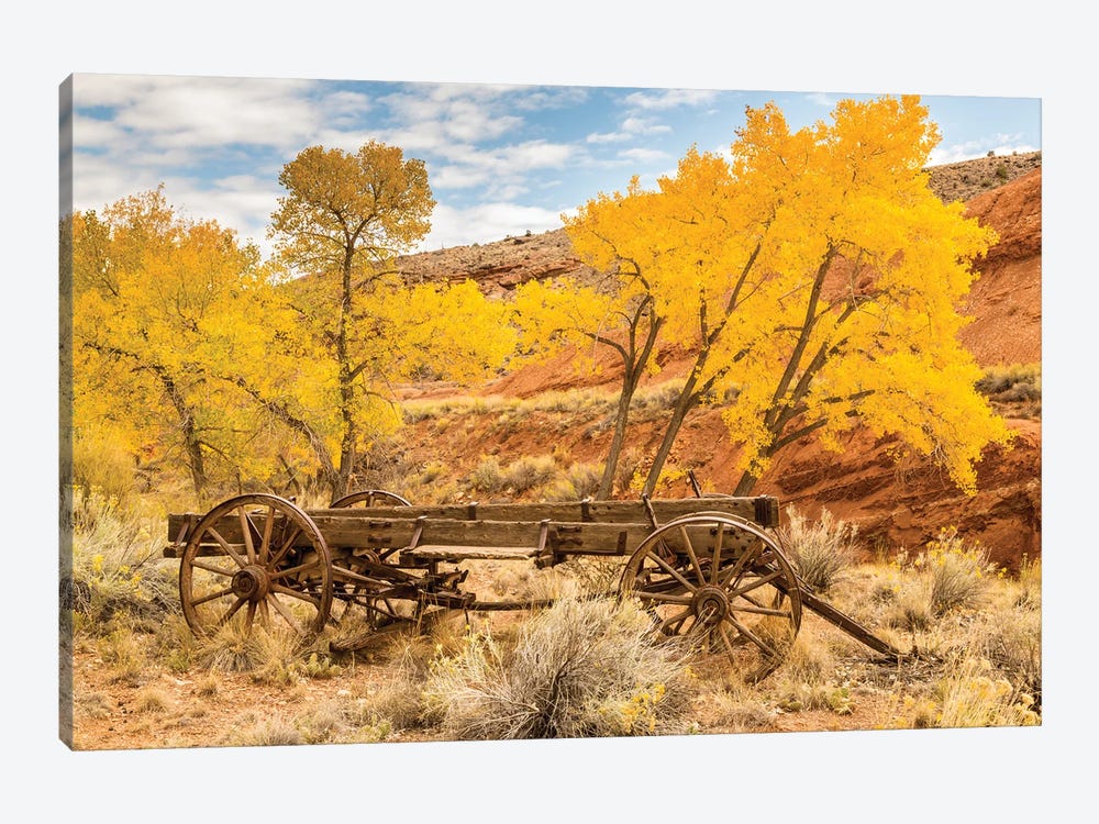 USA, Utah, Capitol Reef National Park. Old wagon and mountain and trees in autumn. by Jaynes Gallery 1-piece Canvas Art