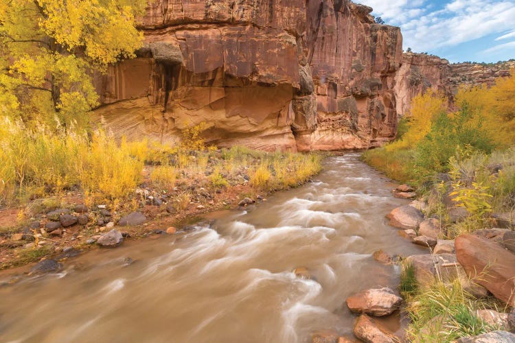 USA, Utah, Capitol Reef National Park. Fremont River and trees in autumn.