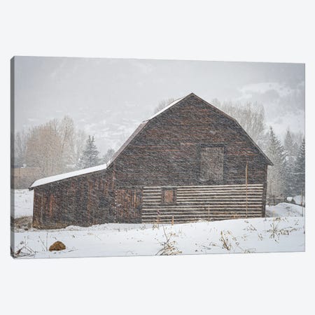 USA, Colorado, Steamboat Springs. Wooden Barn In Snowstorm. Canvas Print #JYG1086} by Jaynes Gallery Canvas Wall Art