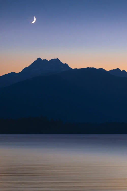 USA, Washington State, Seabeck. Crescent Moon At Sunset Over Hood Canal And Olympic Mountains.