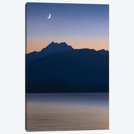 USA, Washington State, Seabeck. Crescent Moon At Sunset Over Hood Canal And Olympic Mountains. Canvas Print #JYG1100} by Jaynes Gallery Canvas Artwork