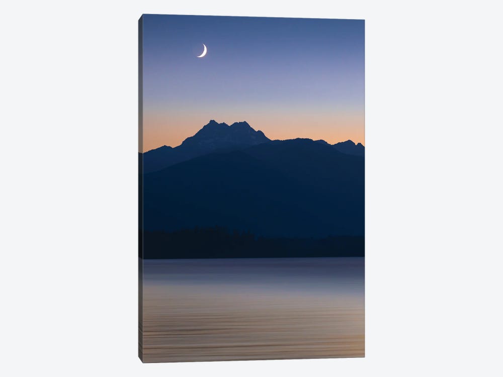 USA, Washington State, Seabeck. Crescent Moon At Sunset Over Hood Canal And Olympic Mountains. by Jaynes Gallery 1-piece Canvas Art