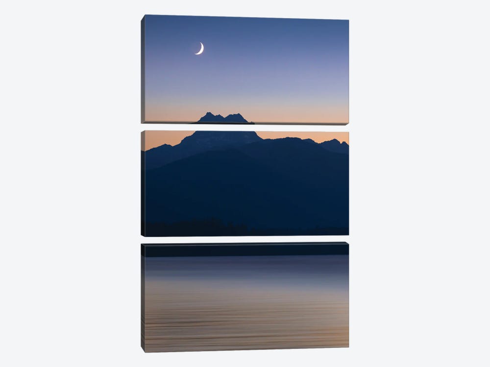 USA, Washington State, Seabeck. Crescent Moon At Sunset Over Hood Canal And Olympic Mountains. by Jaynes Gallery 3-piece Canvas Art