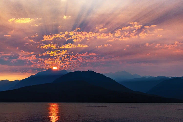 USA, Washington State, Seabeck. Smoky Sunset Over Hood Canal And Olympic Mountains.