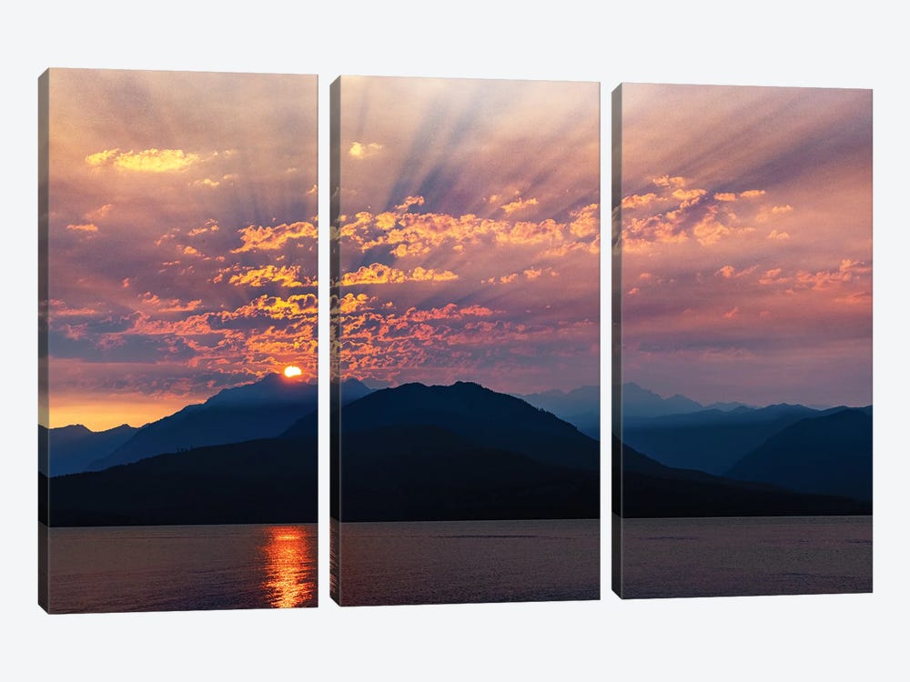 USA, Washington State, Seabeck. Smoky Sunset Over Hood Canal And Olympic Mountains. by Jaynes Gallery 3-piece Canvas Art Print