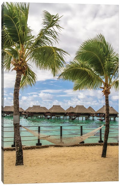 French Polynesia, Moorea Overwater Bungalows And Hammock Canvas Art Print - French Polynesia Art