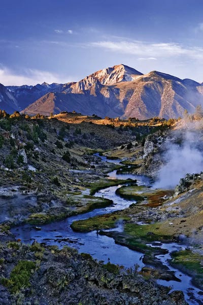 Sunrise on geothermal area of Hot Creek. USA, California, Sierra Nevada Mountains.