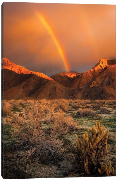 USA, California, Anza-Borrego Desert State Park. Rainbow Over Desert Mountains At Sunrise Canvas Art Print - Jaynes Gallery