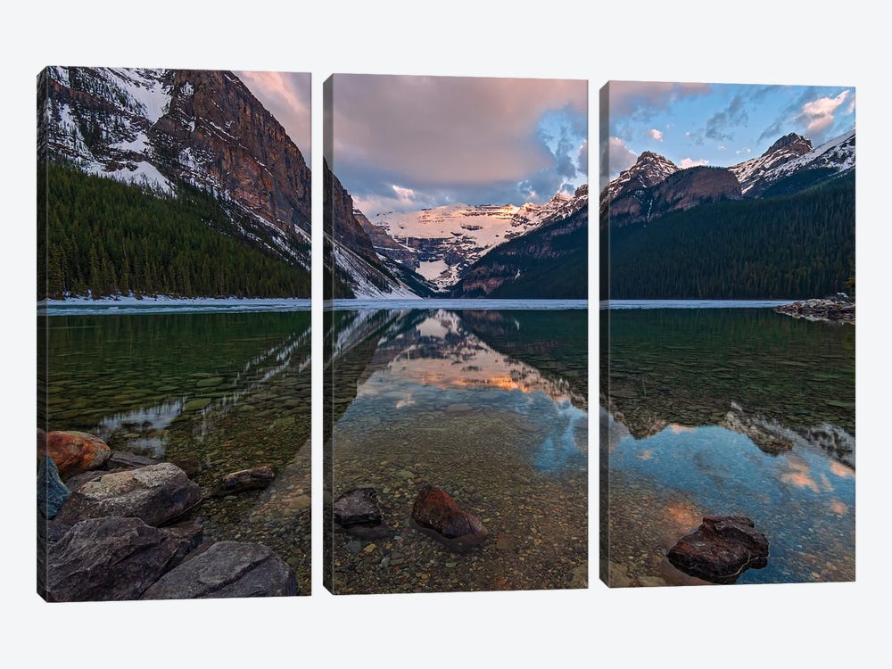 Canada, Alberta, Banff National Park. Sunrise Reflections On Calm Lake Louise. by Jaynes Gallery 3-piece Canvas Art