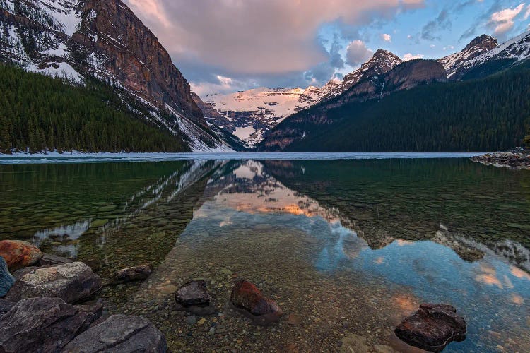 Canada, Alberta, Banff National Park. Sunrise Reflections On Calm Lake Louise.