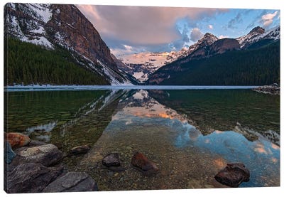 Canada, Alberta, Banff National Park. Sunrise Reflections On Calm Lake Louise. Canvas Art Print - Jaynes Gallery