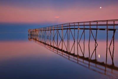 Canada, Manitoba, Matlock. Pier On Lake Winnipeg At Dusk With Moon. by Jaynes Gallery multi panel art