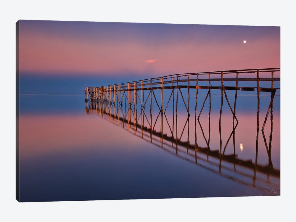 Canada, Manitoba, Matlock. Pier On Lake Winnipeg At Dusk With Moon. by Jaynes Gallery 1-piece Canvas Artwork