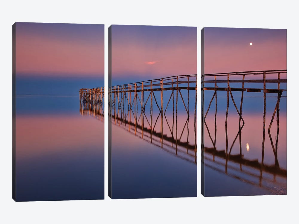 Canada, Manitoba, Matlock. Pier On Lake Winnipeg At Dusk With Moon. by Jaynes Gallery 3-piece Canvas Wall Art