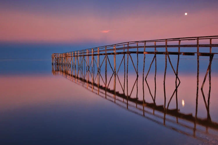 Canada, Manitoba, Matlock. Pier On Lake Winnipeg At Dusk With Moon.