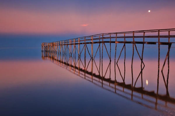 Canada, Manitoba, Matlock. Pier On Lake Winnipeg At Dusk With Moon.