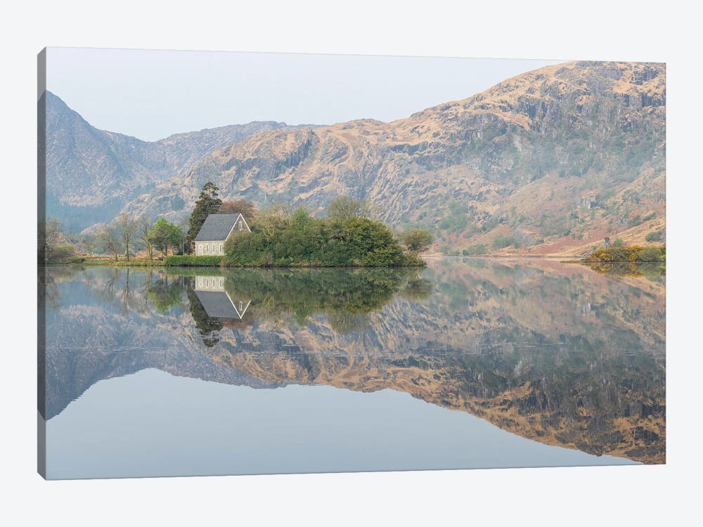 Ireland, Cork, Gougane Barra. Church And Mountain Reflections In Lake. by Jaynes Gallery 1-piece Canvas Print
