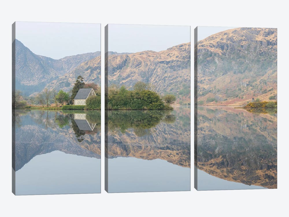 Ireland, Cork, Gougane Barra. Church And Mountain Reflections In Lake. by Jaynes Gallery 3-piece Canvas Art Print