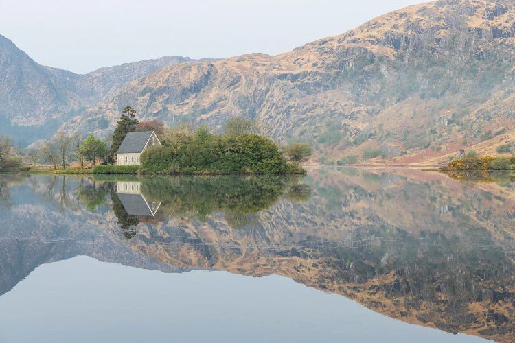 Ireland, Cork, Gougane Barra. Church And Mountain Reflections In Lake.