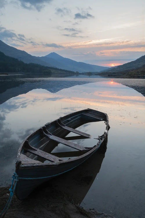 Ireland, Lake Cummeenduff. Partially Submerged Boat On Lake.