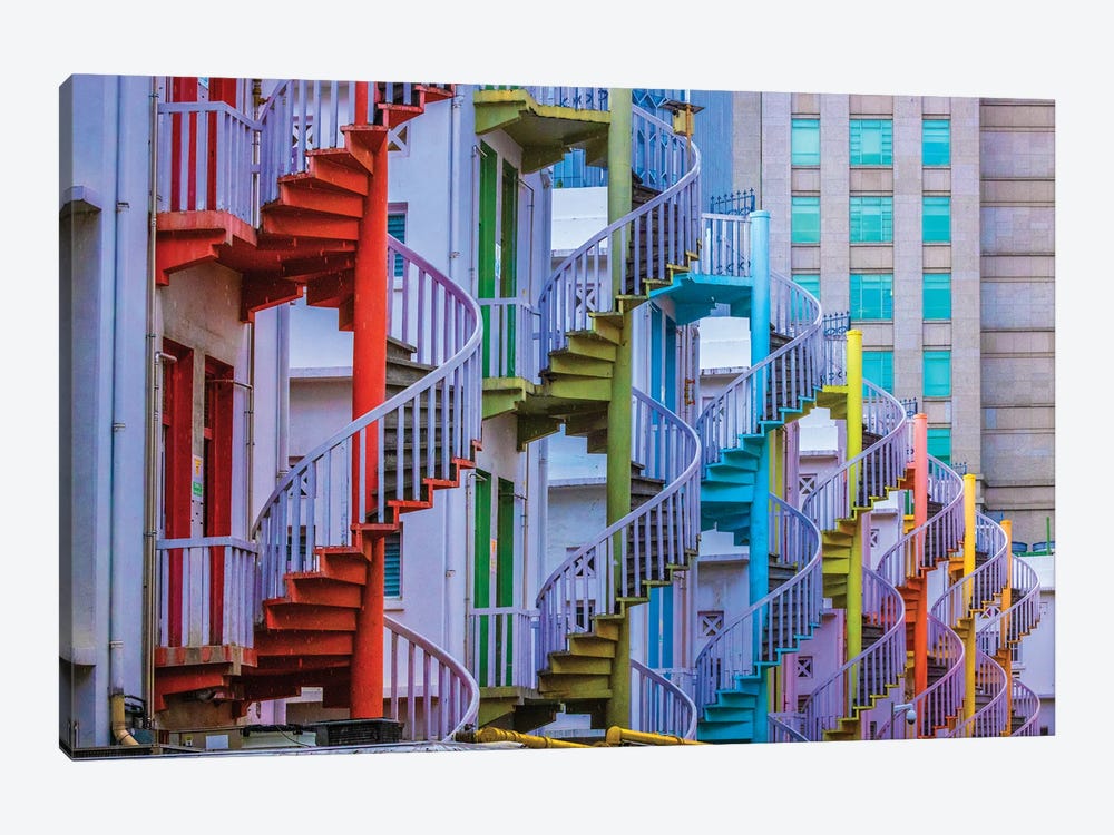 Singapore. Colorful Staircases In Little India Section Of City. by Jaynes Gallery 1-piece Canvas Art Print