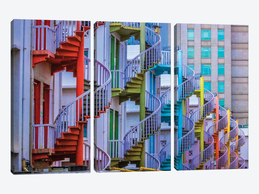 Singapore. Colorful Staircases In Little India Section Of City. by Jaynes Gallery 3-piece Canvas Print