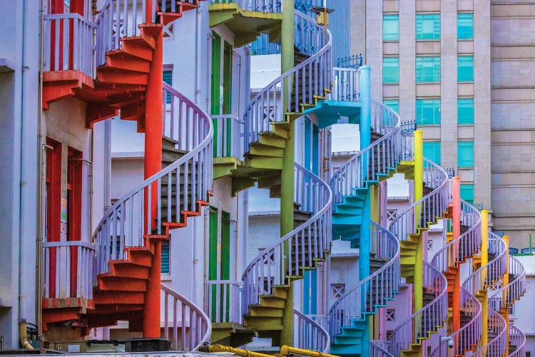 Singapore. Colorful Staircases In Little India Section Of City.