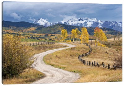 USA, Colorado, Uncompahgre National Forest. Landscape With County Road And San Juan Mountains. Canvas Art Print - Jaynes Gallery