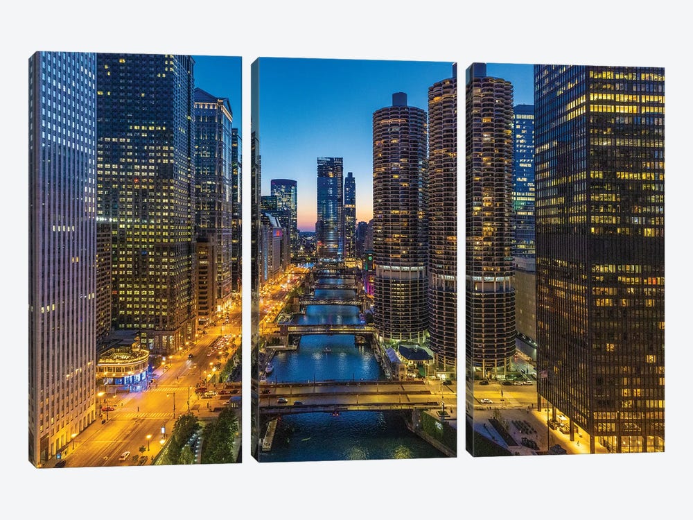 USA, Illinois, Chicago. Downtown At Twilight. by Jaynes Gallery 3-piece Canvas Art