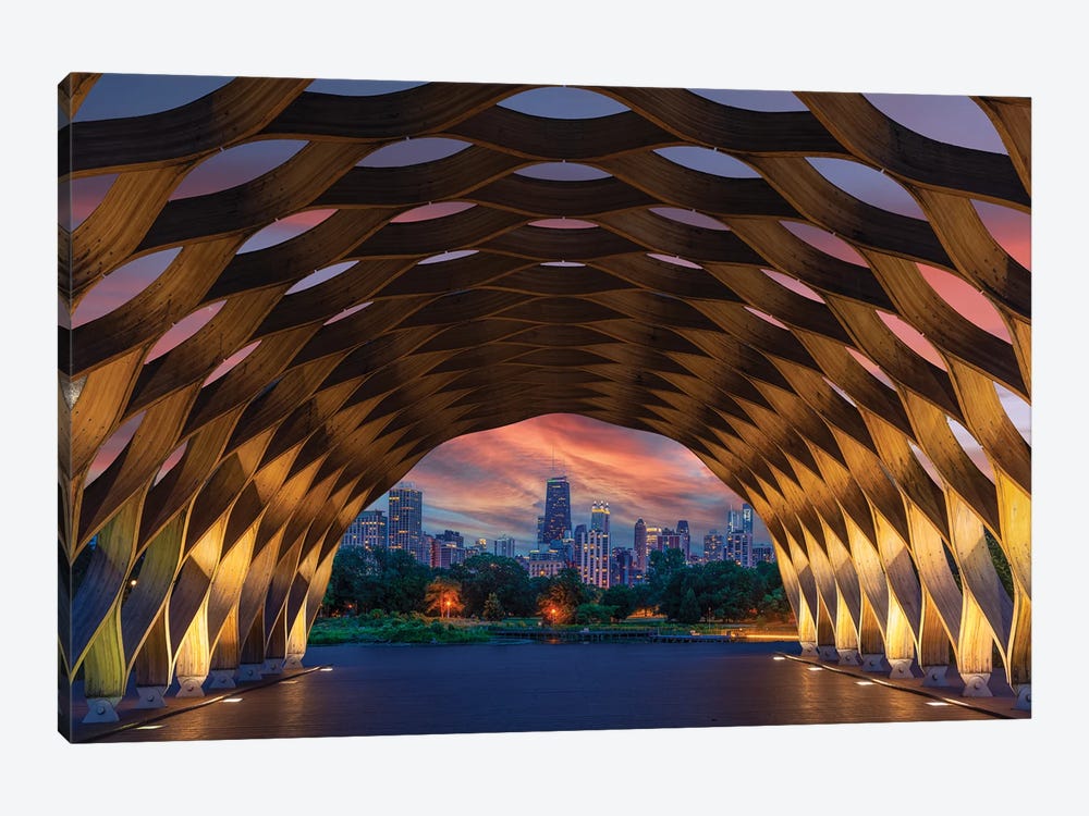 USA, Illinois, Chicago. Downtown Skyline Seen Through The Education Pavilion In Lincoln Park. by Jaynes Gallery 1-piece Canvas Art Print