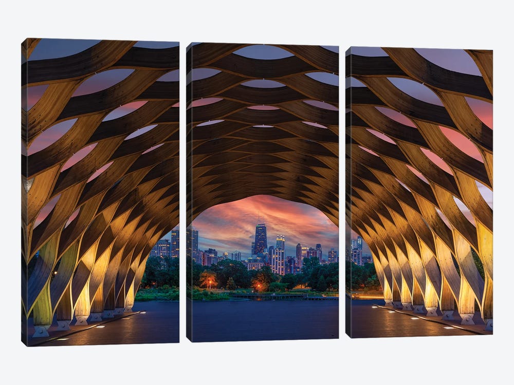 USA, Illinois, Chicago. Downtown Skyline Seen Through The Education Pavilion In Lincoln Park. by Jaynes Gallery 3-piece Art Print