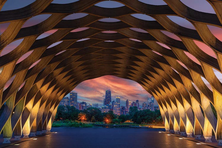 USA, Illinois, Chicago. Downtown Skyline Seen Through The Education Pavilion In Lincoln Park.