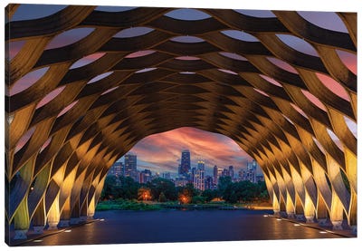 USA, Illinois, Chicago. Downtown Skyline Seen Through The Education Pavilion In Lincoln Park. Canvas Art Print - Jaynes Gallery