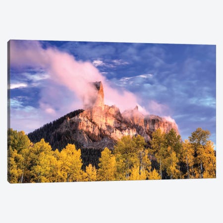 USA, Colorado, San Juan Mountains. Autumn aspen trees and Chimney Rock. Canvas Print #JYG127} by Jaynes Gallery Art Print