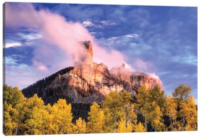 USA, Colorado, San Juan Mountains. Autumn aspen trees and Chimney Rock. Canvas Art Print - Colorado Art