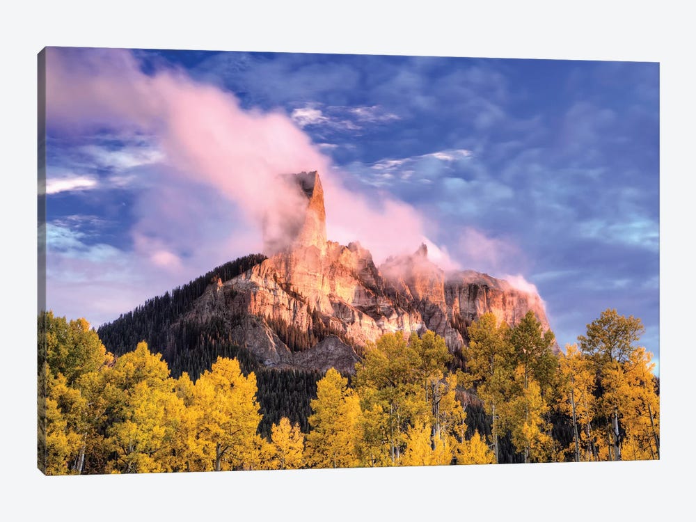 USA, Colorado, San Juan Mountains. Autumn aspen trees and Chimney Rock. by Jaynes Gallery 1-piece Canvas Art