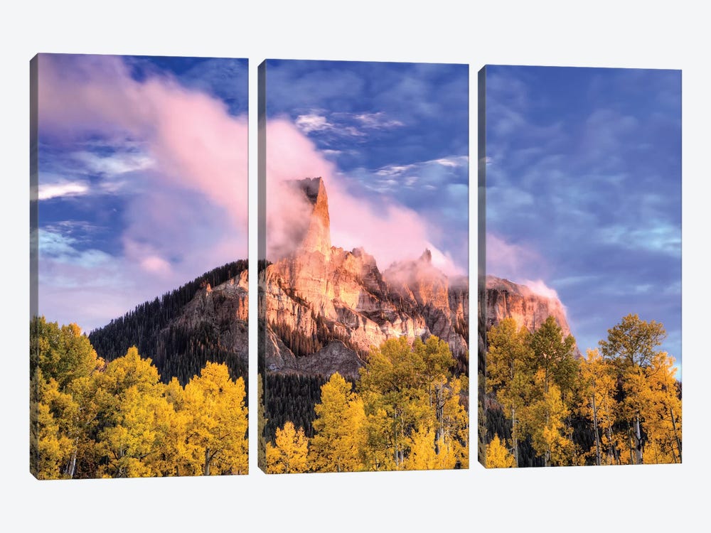 USA, Colorado, San Juan Mountains. Autumn aspen trees and Chimney Rock. by Jaynes Gallery 3-piece Canvas Wall Art
