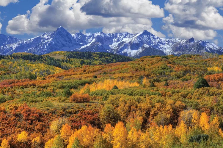 USA, Colorado, San Juan Mountains. Mountain and valley landscape in autumn.