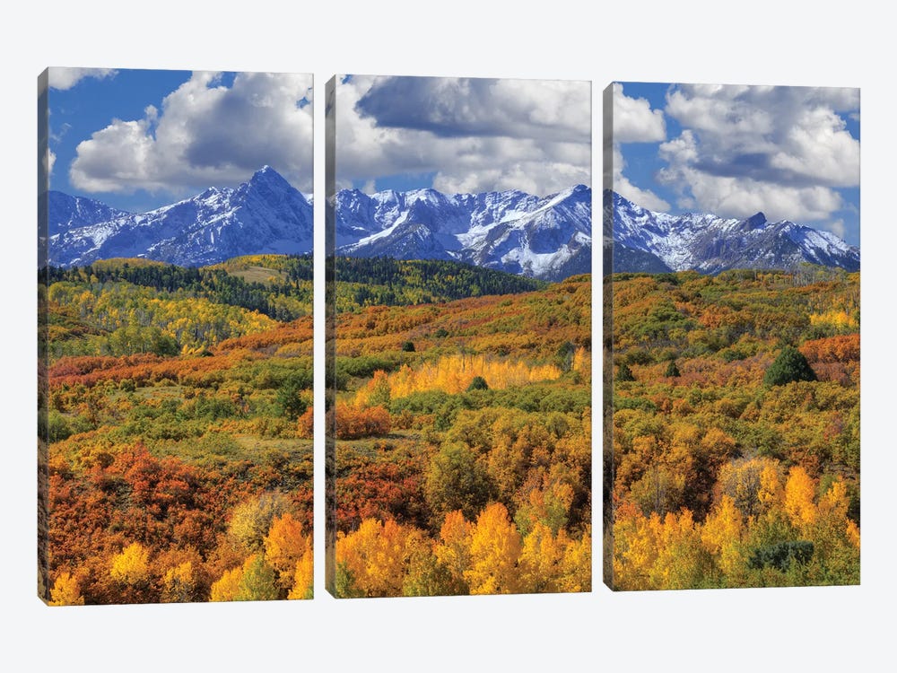 USA, Colorado, San Juan Mountains. Mountain and valley landscape in autumn. by Jaynes Gallery 3-piece Canvas Art Print