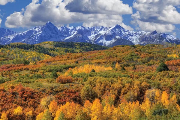 Mountain and valley landscape in autumn. USA, Colorado, San Juan Mountains.