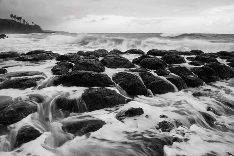 USA, Hawaii, Kauai. Black and white of rocky shoreline.