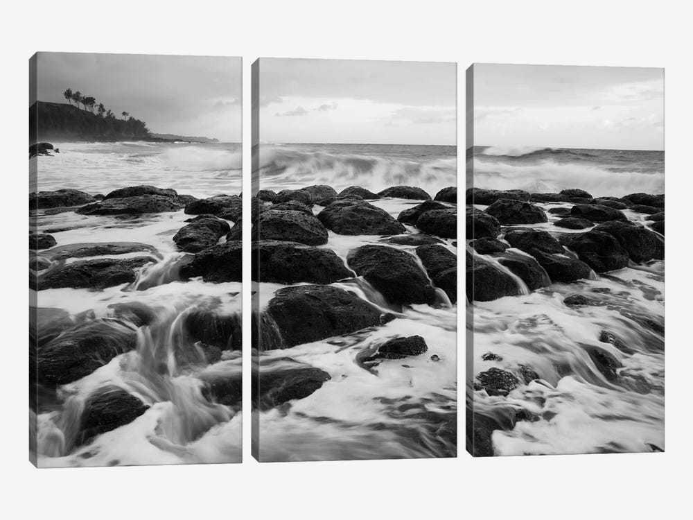 USA, Hawaii, Kauai. Black and white of rocky shoreline. by Jaynes Gallery 3-piece Art Print