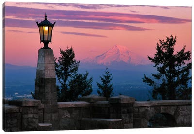 USA, Oregon, Portland. Mt. Hood with moonrise at sunset I Canvas Art Print - Portland Art